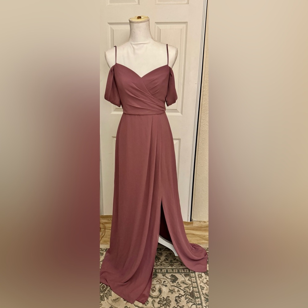 Plum off the shoulder chiffon dress with a cowl back and thigh split